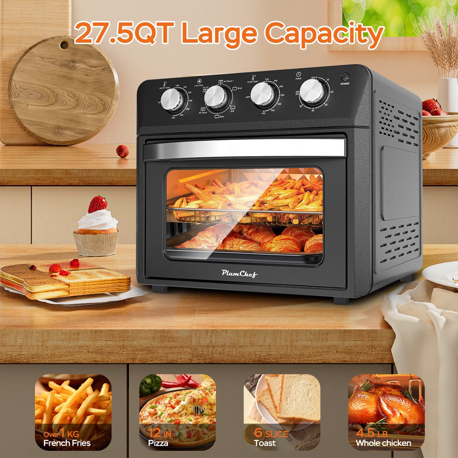 27.5QT 6-in-1 Air Fryer Toaster Oven, Dropdown-Door, 6-Slice, Countertop Convection Oven, Air Frying, Baking, Roasting, Broiling, Grilling, 1600W, Black, Amazon Resale Prohibited
