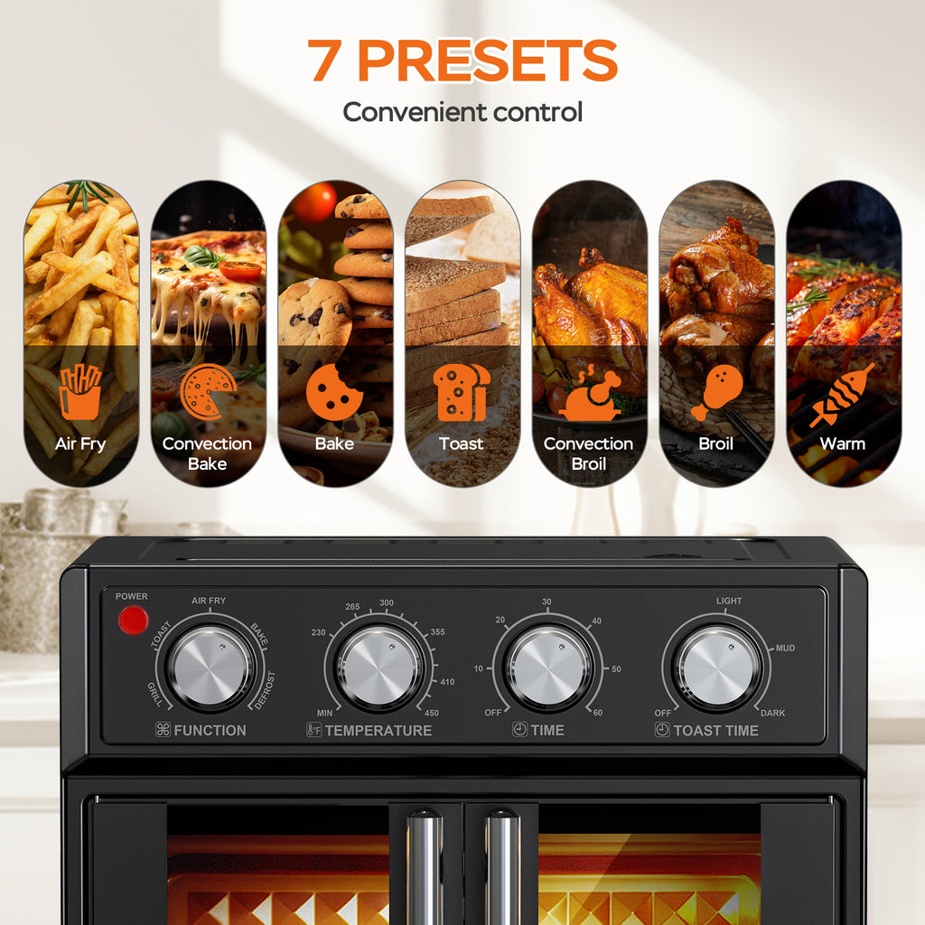 29.5 QT Air Fryer Convection Toaster Oven, French Door, 6 Slices, 1700W, Multifunction Oven, Air Fryer, Toast, Grill, Defrost, Bake, Time And Temperature Controls, Black, Amazon Resale Prohibited