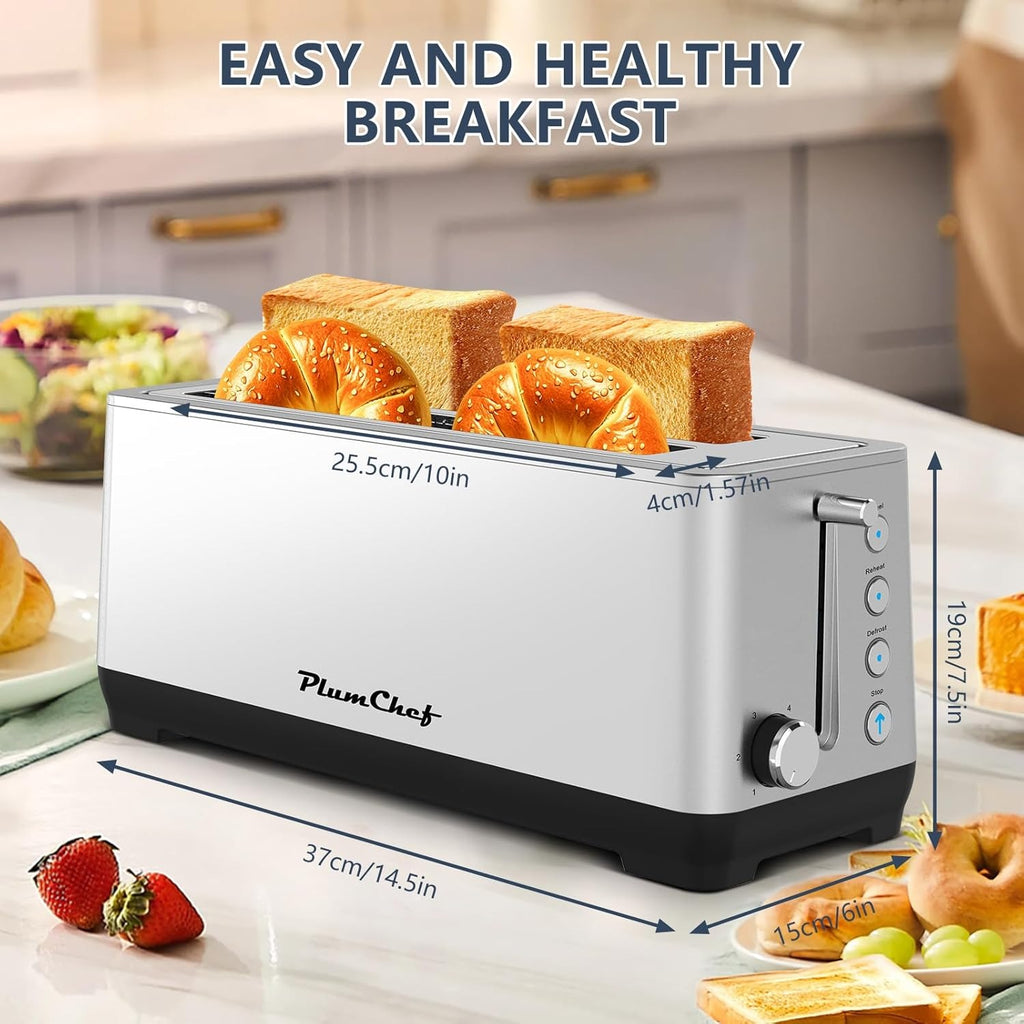 4-Slice Toaster, Extra Wide Long Slot Toaster, 6 Settings, Bagel, Defrost, Reheat, Removable Crumb Tray, Stainless Steel Housing, Silver, Amazon Resale Prohibited