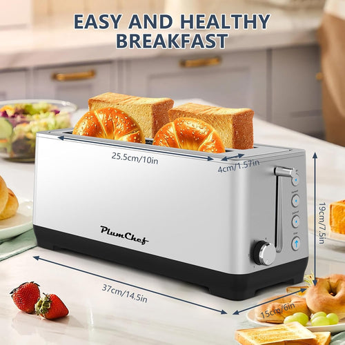 4-Slice Toaster, Extra Wide Long Slot Toaster, 6 Settings, Bagel, Defrost, Reheat, Removable Crumb Tray, Stainless Steel Housing, Silver, Amazon Resale Prohibited