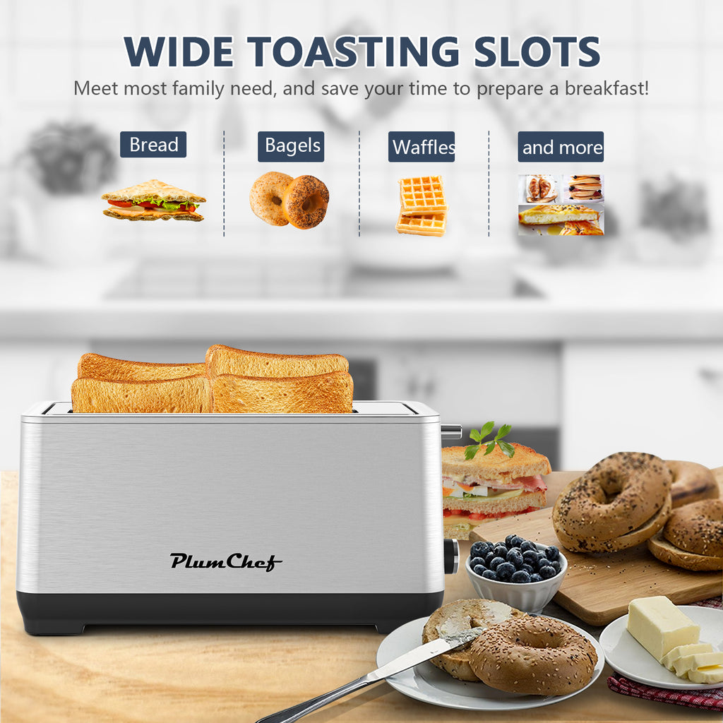 4-Slice Toaster, Extra Wide Long Slot Toaster, 6 Settings, Bagel, Defrost, Reheat, Removable Crumb Tray, Upgraded Stainless Steel, Silver, Amazon Resale Prohibited