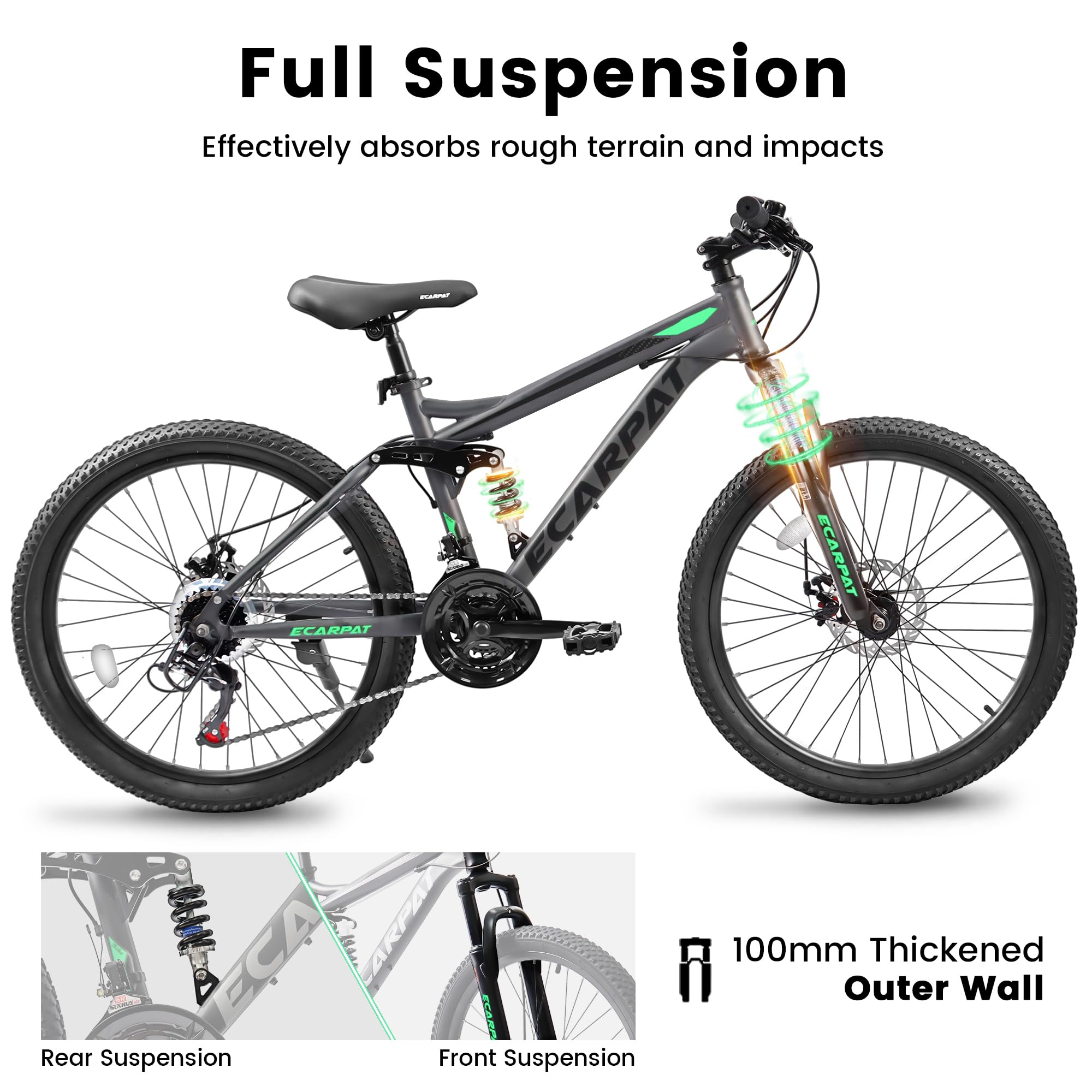 A2460 24 Inch Mountain Bike With Full Suspension, 21 Speed Shifter Lever With Gear Indicator, High Carbon Steel Frame, Mechanical Disc Brakes, Unisex For Men Women Adults, Ideal For Trails.