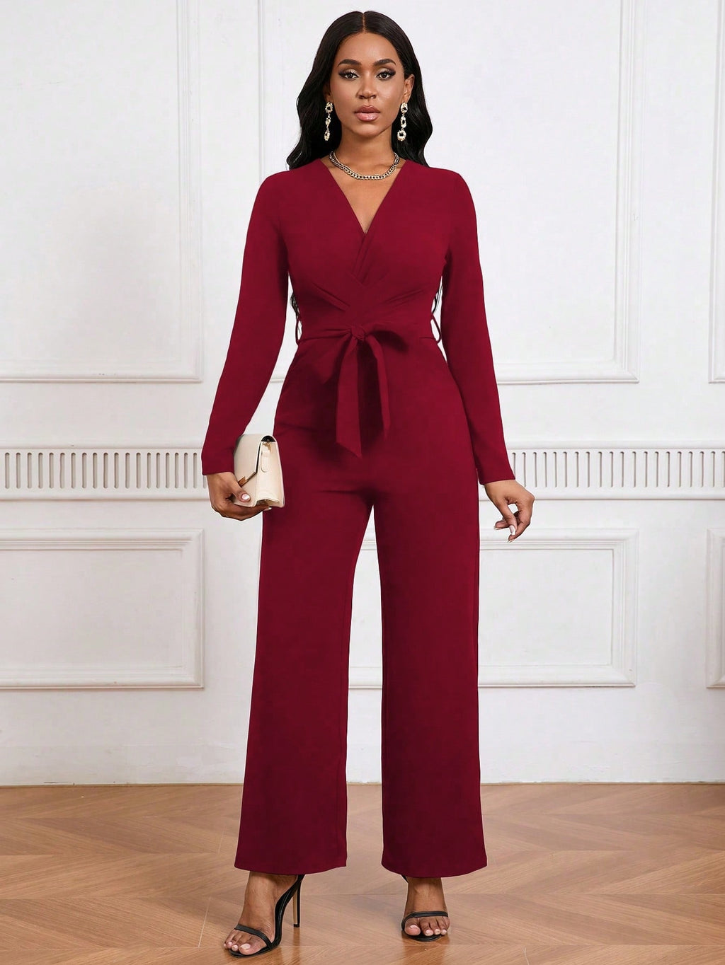 Simple And Stylish, Elegant Commuting Jumpsuit, Long Sleeve Straight Jumpsuit, V-neck, Cross Pleated, Tie-up Casual Jumpsuit, For Everyday Wear.