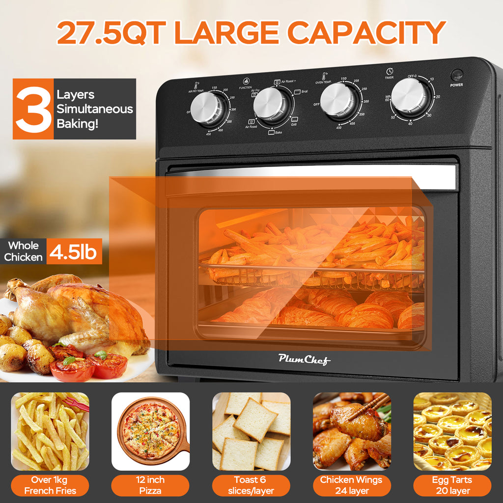 27.5QT 6-in-1 Air Fryer Toaster Oven, Dropdown-Door, 6-Slice, Countertop Convection Oven, Air Frying, Baking, Roasting, Broiling, Grilling, 1600W, Black, Amazon Resale Prohibited