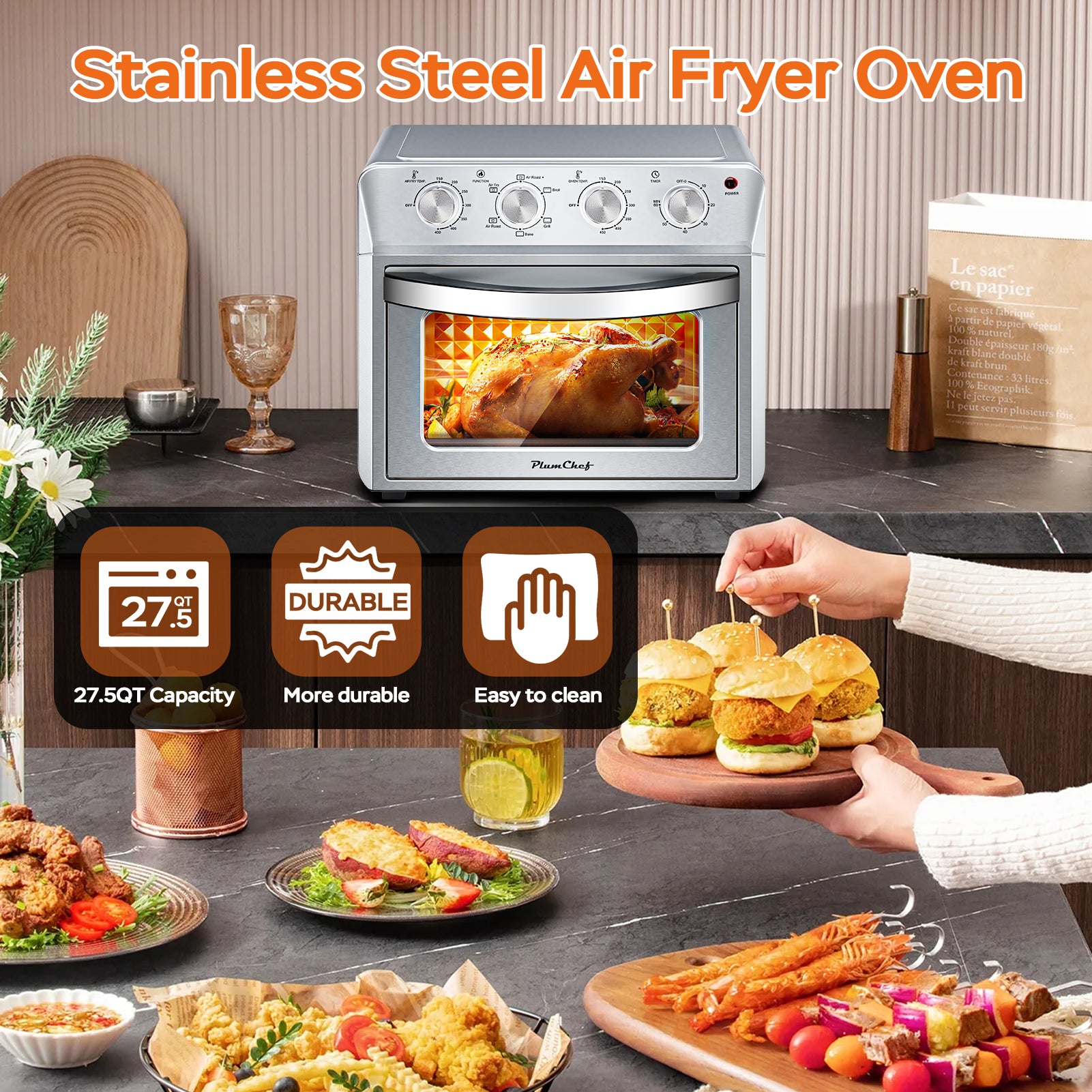 27.5QT 6-in-1 Air Fryer Toaster Oven, 6-Slice, Countertop Convection Oven, Air Frying, Baking, Roasting, Broiling & Grilling, 1600W, Sliver, Amazon Resale Prohibited