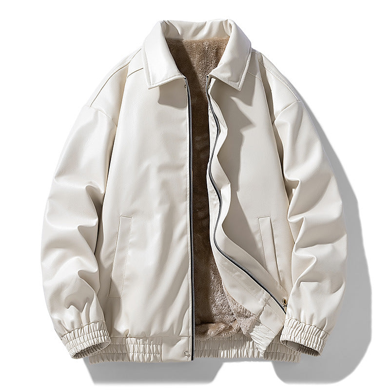 Winter Retro Minimalist Casual Lapel Fashionable Fleece-Lined Leather Jacket