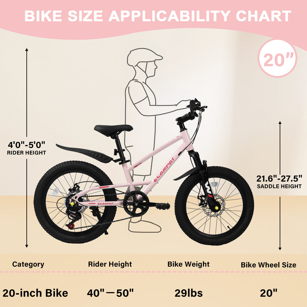 20 Inch Mountain Kids Bike For Boys & Girls, Ages 6-12, 7-Speed With Front Suspension