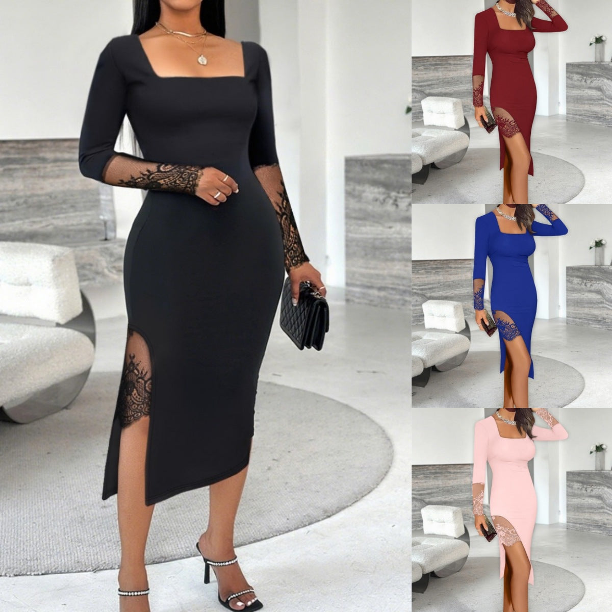 Solid Color Lace Splice Split Dress Women's Fashion Elegant Style Midi Skirt Long Sleeve Square Collar Polyester Fabric