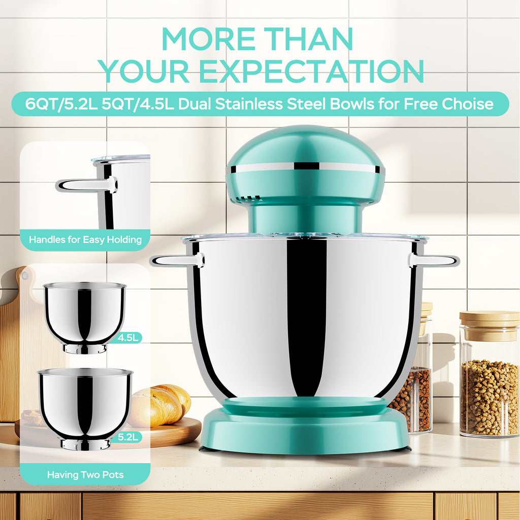 6QT & 5QT Dual Bowls Stand Mixer, 10 Speed Tilt-Head, Electronic Timer, Dough Mixer, Dishwasher Safe Stainless Steel Bowls, Dough Hook, Flat Beater, Whisk For Baking, Blue, Amazon Resale Prohibited