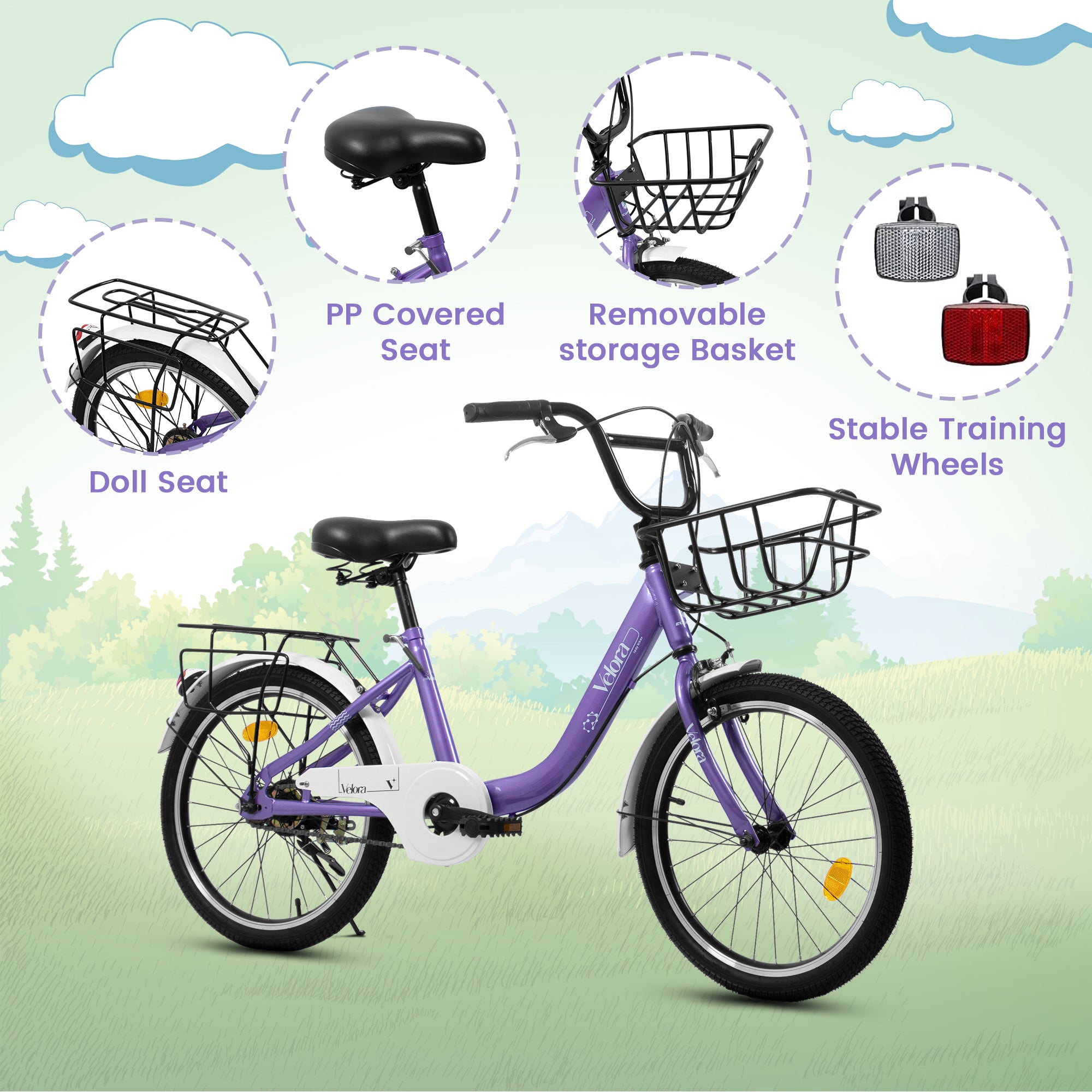 A20182 20 Inch Kids Bike For Boys & Girls, Children's Bicycle With Coaster Brake & V-Brake, 1-Speed, Chain Guard & Rear Rack, Lightweight Steel Frame Pink, Green, Purple, White