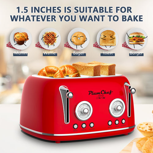 4 Slice Retro Toaster, Dual Control Toaster, 6 Settings, Bagel, Defrost, Removable Crumb Tray, Stainless Steel Housing, 1650W, Red, Amazon Resale Prohibited
