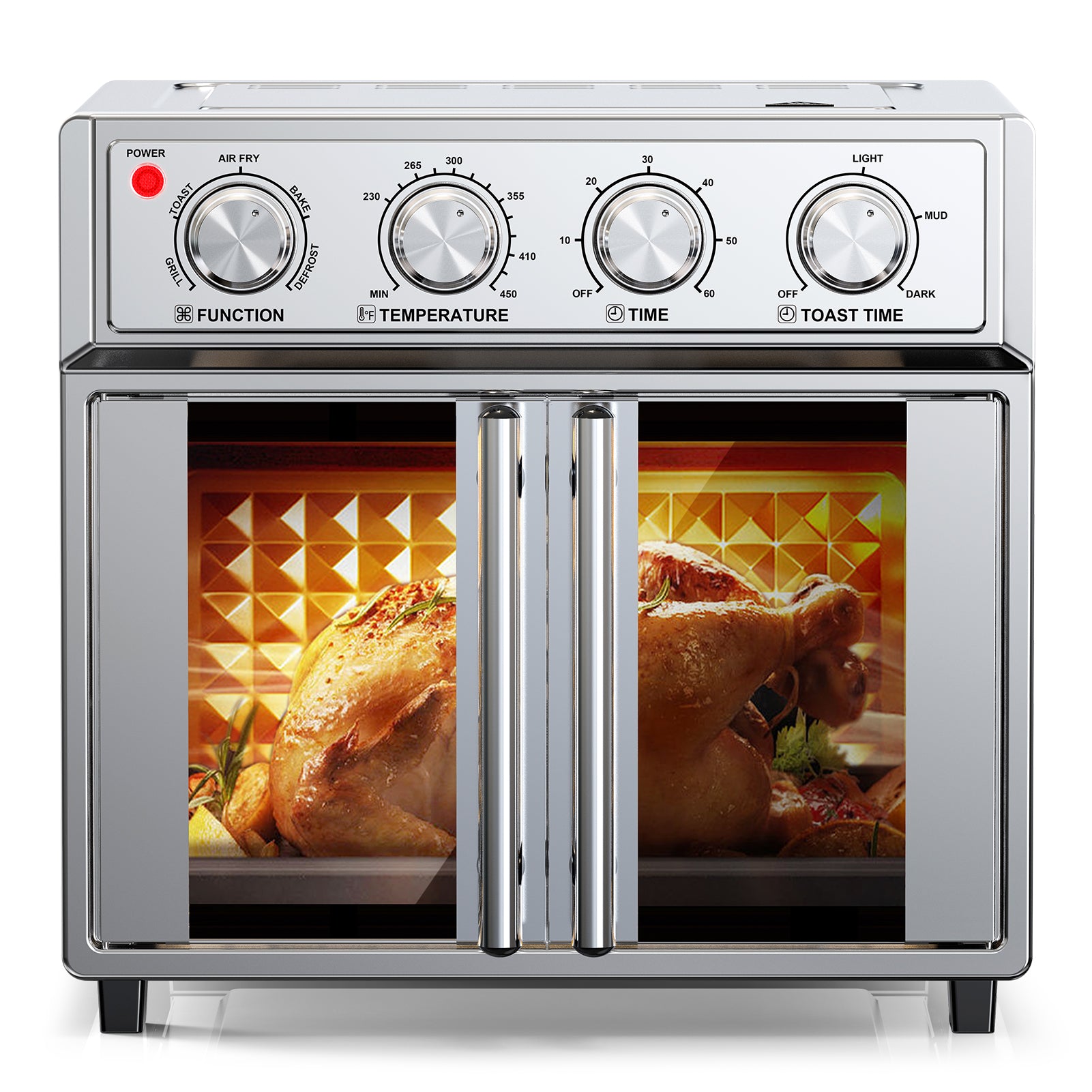 29.5 QT Air Fryer Convection Toaster Oven, French Door, 6 Slices, 1700W, Multifunction Oven, Air Fryer, Toast, Grill, Defrost, Bake, Time And Temperature Controls, Silver, Amazon Resale Prohibited
