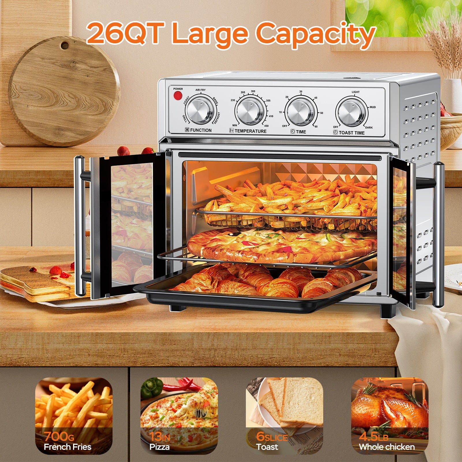 29.5 QT Air Fryer Convection Toaster Oven, French Door, 6 Slices, 1700W, Multifunction Oven, Air Fryer, Toast, Grill, Defrost, Bake, Time And Temperature Controls, Silver, Amazon Resale Prohibited