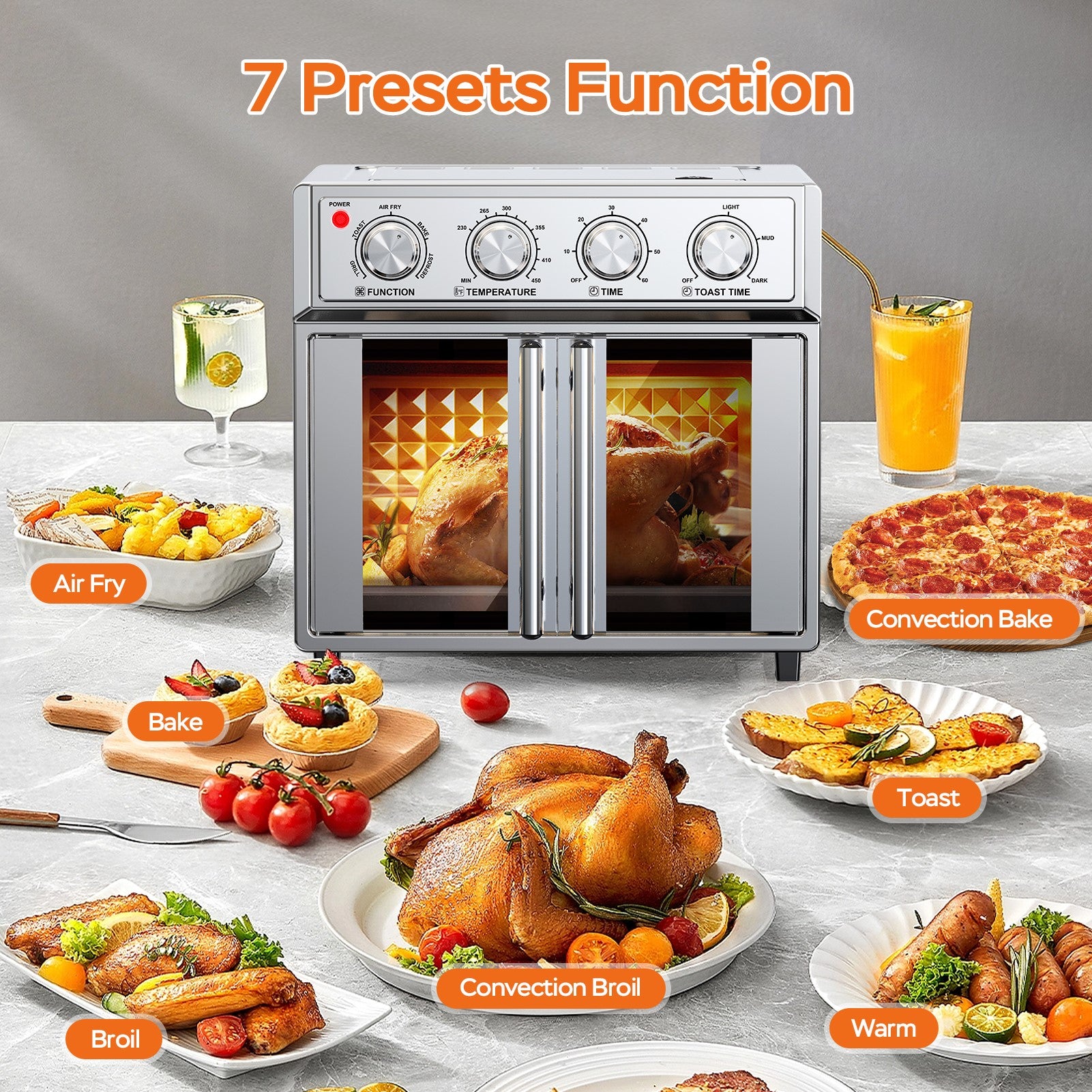29.5 QT Air Fryer Convection Toaster Oven, French Door, 6 Slices, 1700W, Multifunction Oven, Air Fryer, Toast, Grill, Defrost, Bake, Time And Temperature Controls, Silver, Amazon Resale Prohibited