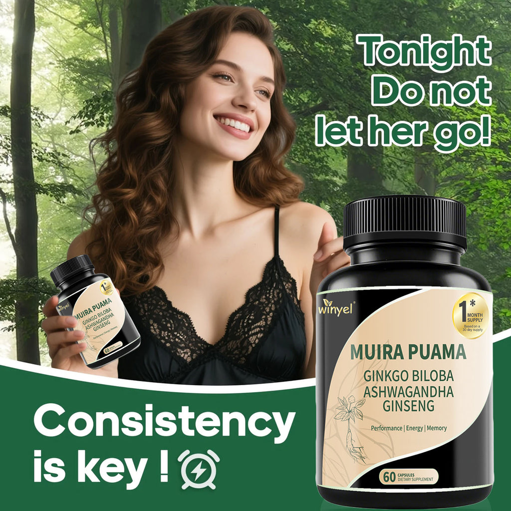 Muira Puama Ginseng Ashwagandha Ginkgo Tribulus  Herbal Supplements  Unleash Your Potential Through Our Pills  Dietary Supplements, Help Promote An Active And Healthy Lifestyle  60 Capsules